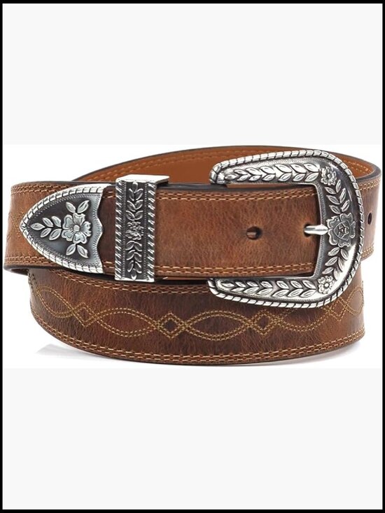 Women\'s Center Stitch Leather Tapered Belt with Removable Antiqued Silver Buckle